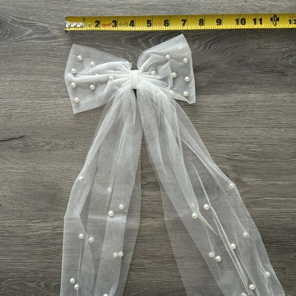 Women’s White Tulle Veil Hair Bow Clip with Faux Pearls Bridal Wedding Lulu’s